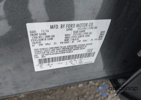 2017 Ford Edge Se from USA, damaged, VIN 2FMPK4G90HBB15403